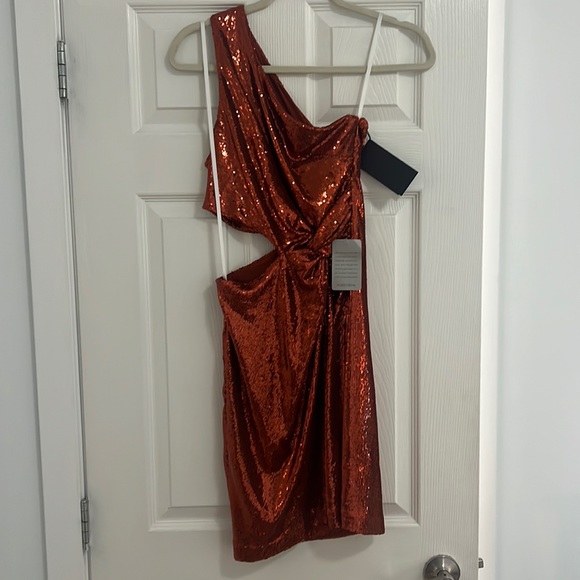 Halston Val Sequin One Shoulder Mini Dress - Orange Sequin, Brand New - Picture 3 of 6